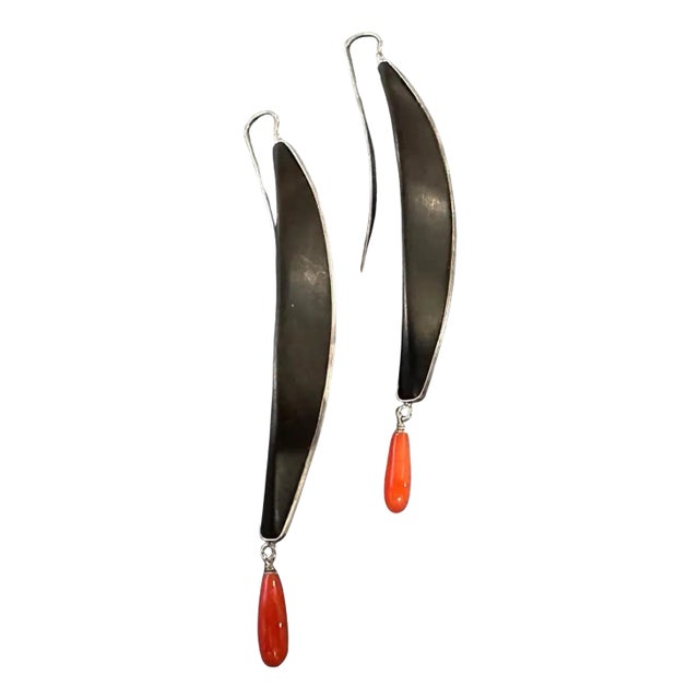 21st Century Modern Sterling Silver Ebony and Mediterranean Coral Stud Earrings For Sale