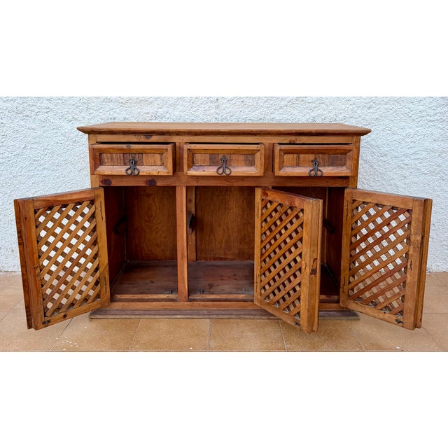 Rustic 1960s Spanish Rustic Pine Sideboard With Lattice Doors and Iron Hardware For Sale - Image 3 of 10