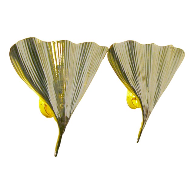 Brass Ginkgo Leaf Wall Lamps, 1970s, Set of 2 For Sale