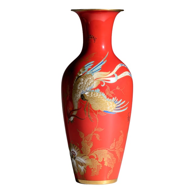 Chinoiserie Porcelain Floor Vase with Crane from Rosenthal, Germany, 1938 For Sale