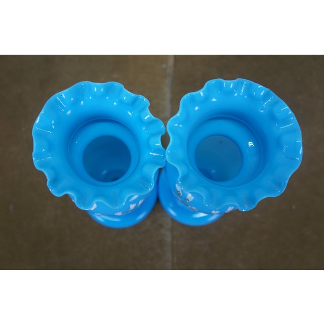 2 Antique Bristol Blue Turquoise Opaline Ruffled Clambroth Mantel Vases Urns 11" For Sale - Image 12 of 13