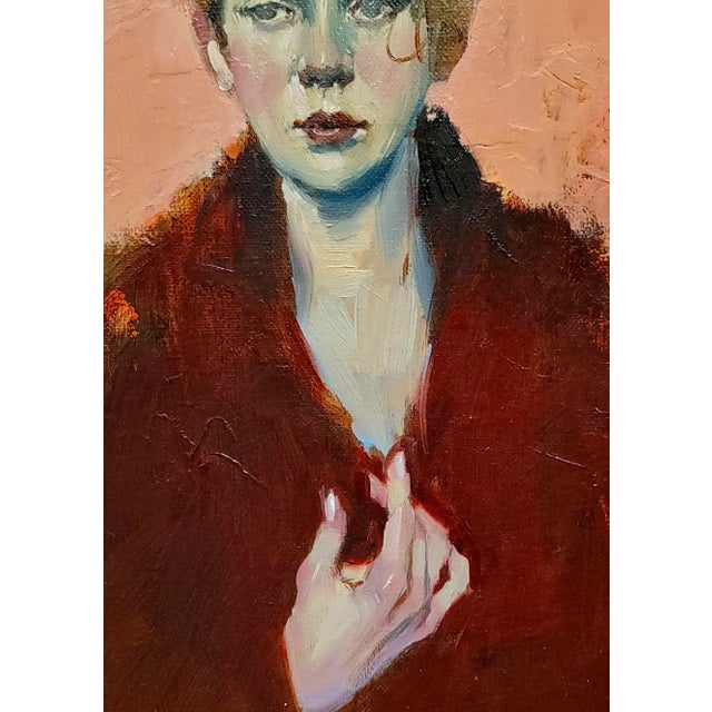 Textile Malcolm Liepke -Melancholic Girl Wearing a Red Coat -Oil Painting For Sale - Image 7 of 10