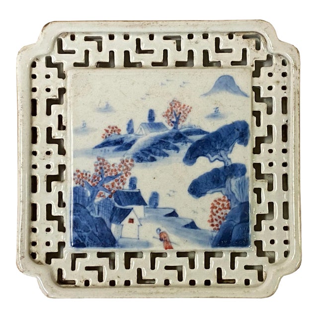 Chinese Blue White Scenery Porcelain Coaster Stand Soap Holder For Sale