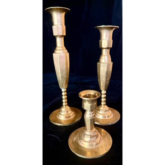 Brass Mid 20th Century Set of 3 Beaded Stem Brass Candlestick Holders For Sale - Image 8 of 12