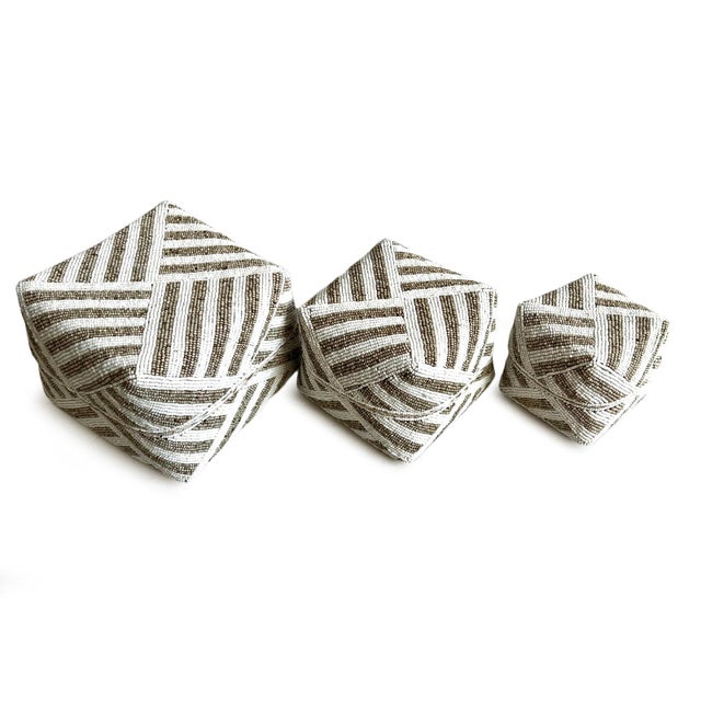 Wood Vintage Tan & White Striped Bamboo Beaded Box Medium For Sale - Image 7 of 9