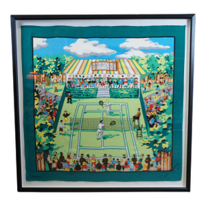 Late 20th Century Carleton Varney Greenbrier Framed Tennis Match Silk Scarf Shadow Box