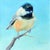 This oil on linen painting features a delicate bird perched on a slender branch against a serene blue background. The soft...