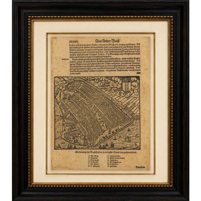 Antique Haarlem Map, Sebastian Münster Cosmographia Woodcut, c.1575 A rare original sixteenth-century woodcut map and...