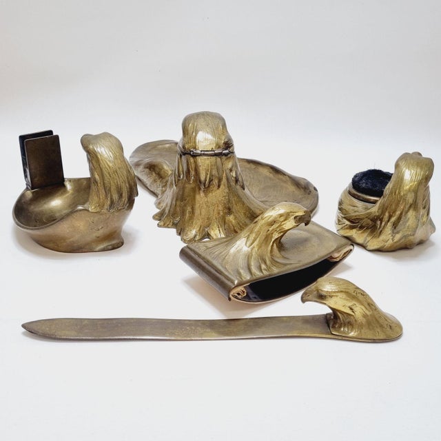 Art Deco Brass Desk Set with Stylized Eagle Heads, 1920s, Set of 5 For Sale - Image 4 of 18