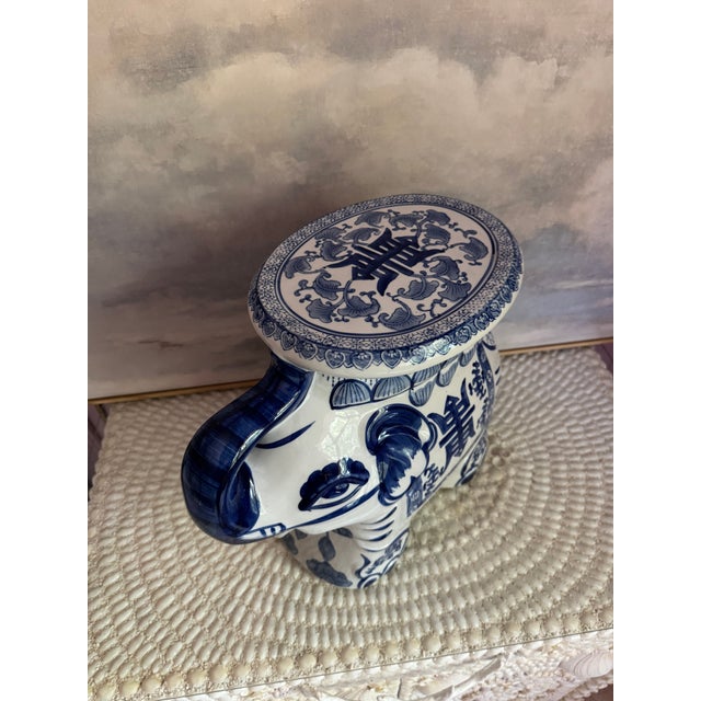 1990s Vintage Bombay Company Blue and White Elephant Garden Stool For Sale - Image 5 of 6