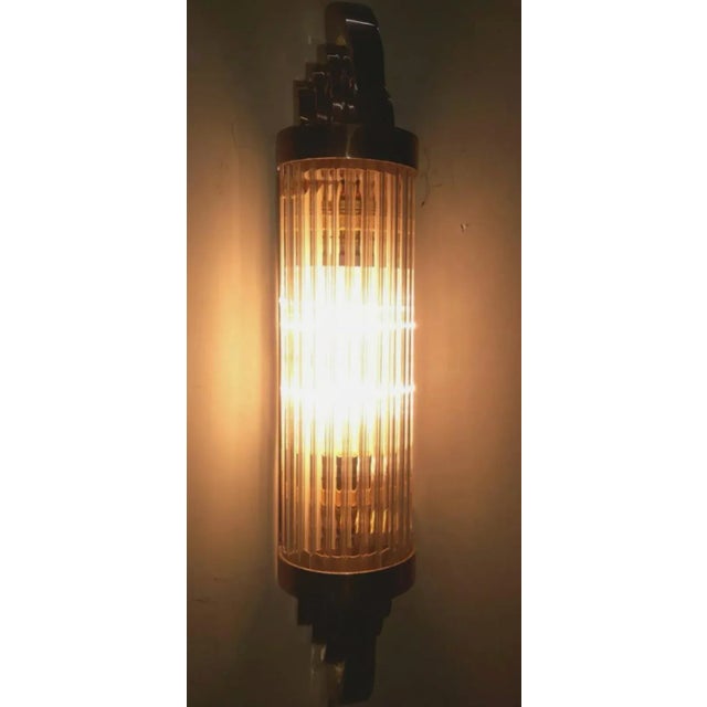 Old Vintage Art Deco Skyscraper Brass & Glass Rod Ship Light Wall Sconces Lamp Excellent Working Condition Without Any...
