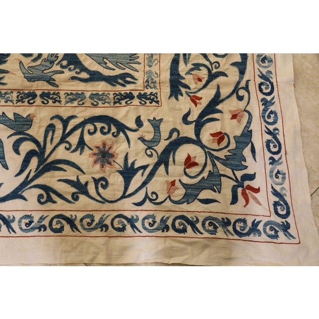 Vintage Blue Floral and Birds Suzani Uzbek Embroidered Textile For Sale - Image 11 of 12