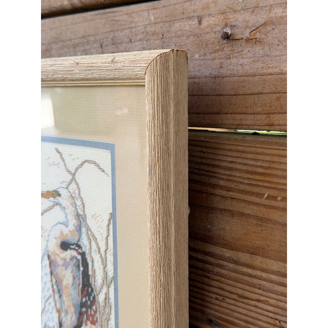 Vintage Coastal Egret Needlepoint Textile Art in Distressed Wood Frame For Sale - Image 10 of 11