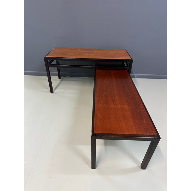 1960s Mid-Century Dunbar Style Nesting Tables in Walnut and Ebonized Frames For Sale - Image 4 of 14