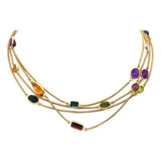Gold Necklace Multi-Color Gems 18kYellow Snake Chain 90" For Sale