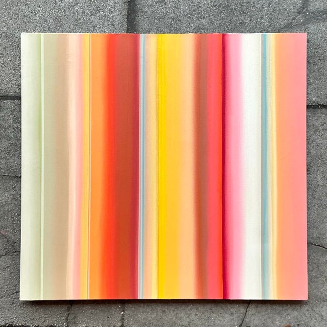 Vintage Original “Tangerine Spaces Between Trees” Striped Abstract Oil on Canvas For Sale - Image 10 of 11