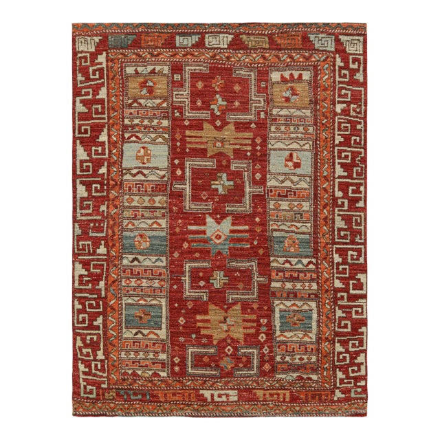 Rug & Kilim’s Tribal Rug in Rich Red, With Colorful Geometric Patterns For Sale