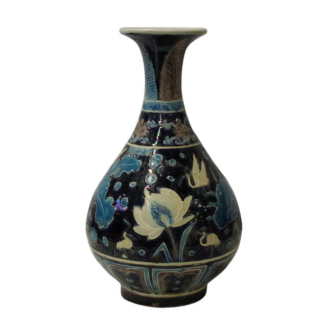 Handmade Ceramic Navy Blue White Dimensional Flower Motif Vase Chairish