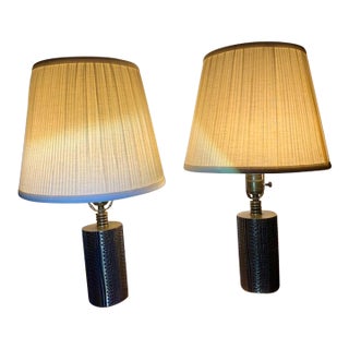 Vintage Brass Brutalist Style Pair Lamps Set of 2 Original Shades For Sale