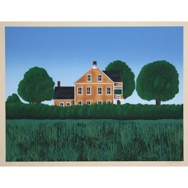Rendered in gold with white trim, the house depicted in this Theodore Jeremenko print has a front porche and at least two...