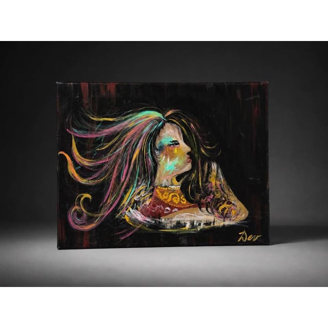 Contemporary Expressive Female Portrait Canvas Art With Colorful Flowing Hair, 24” X 18” For Sale - Image 3 of 4