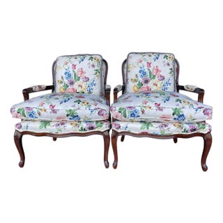 Bergère Armchairs by Century Furniture in Floral Upholstery – Pair | Louis XV Style For Sale
