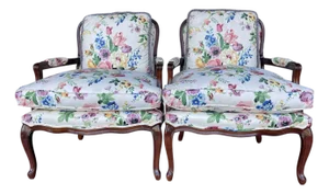 Bergère Armchairs by Century Furniture in Floral Upholstery – Pair | Louis XV Style
