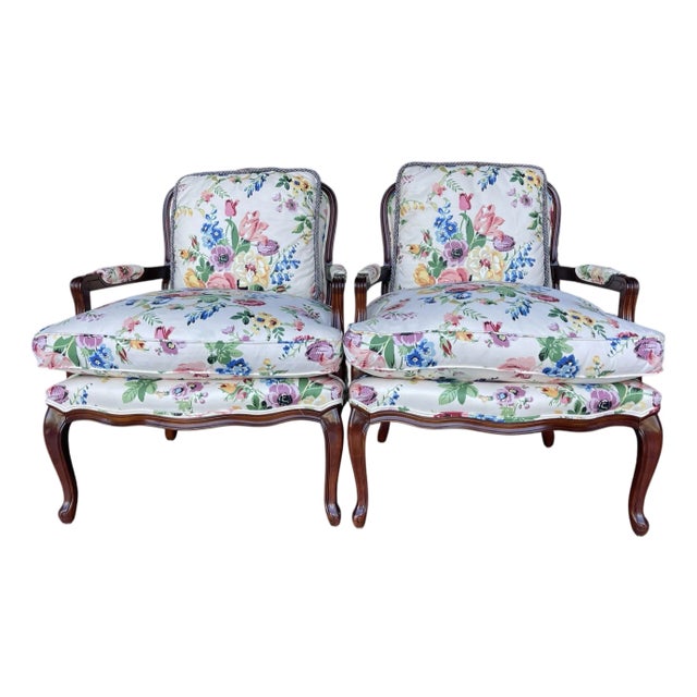 Vintage Floral Bergère Armchairs by Century Furniture, a Pair For Sale