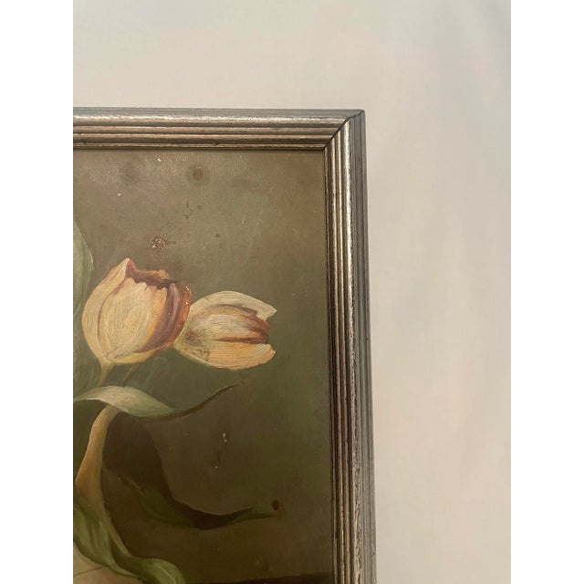 Antique Dutch Renaissance Floral Still Life Original Framed Oil Painting on Tin in Silver, White, Blush For Sale - Image 9 of 12
