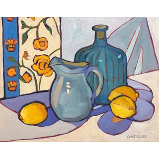 Golden Lemons and Cerulean Glass, Lyrical Oil Painting, Vibrant Color Palette, Original Art For Sale