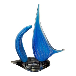 Vintage Used Dale Tiffany Blue Handcrafted Art Glass Sculpture Sailboat For Sale