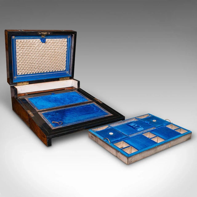 This is an antique lady of the house utility box. An English, burr walnut and mother of pearl inlaid writing slope and...