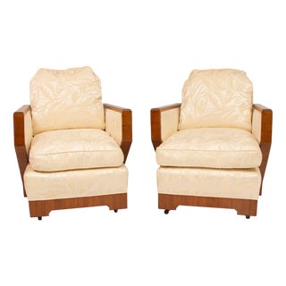 Art Deco Lounge Chairs in Eggshell Damask Upholstery, 1930s, Set of 2 For Sale