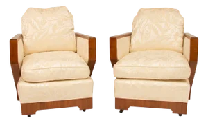 Art Deco Lounge Chairs in Eggshell Damask Upholstery, 1930s, Set of 2