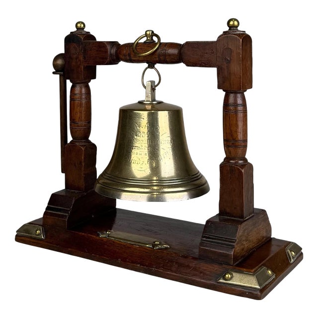 Antique English Edwardian Nautical Brass Bell with Oak Stand, 1900s For Sale
