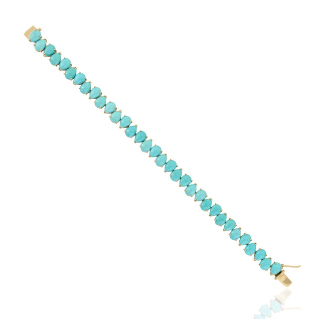 Metal 19.77ct Natural Turquoise Pear-Shaped Cabochon Tennis Bracelet 14k Yellow Gold For Sale - Image 7 of 16