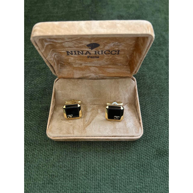Metal Rare Vintage Nina Ricci Gold & Black Cufflinks Logo Circa "1980" Original Case For Sale - Image 7 of 18