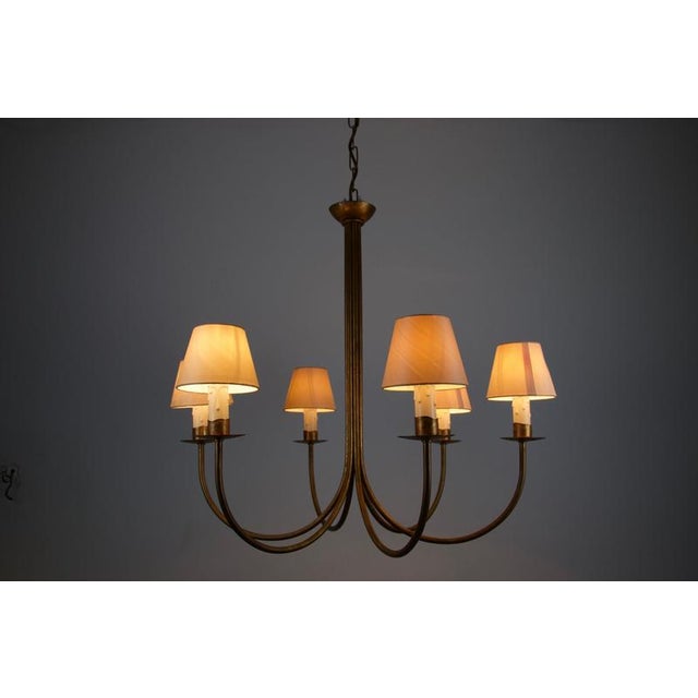 1970s Large Brass Six-Arm Chandelier with Fabric Shades, Germany, 1970s For Sale - Image 5 of 10