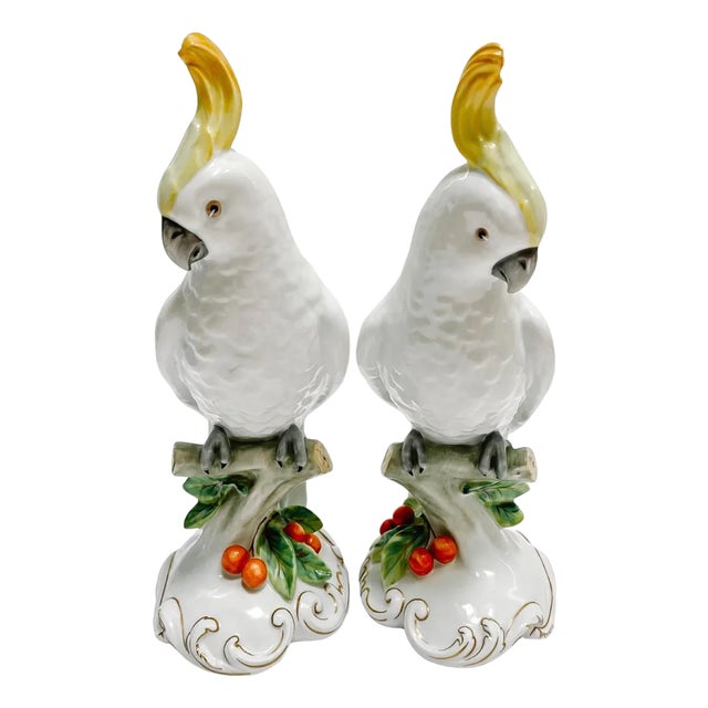 Late 20th Century Vista Alegre Porcelain Cockatoo Parrot Figurines - A Pair For Sale