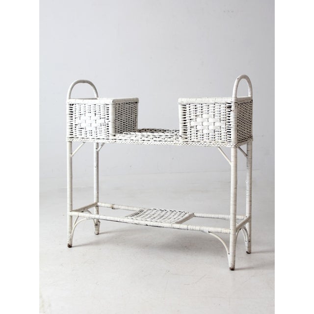 Antique White Wicker Planter Basket Stand For Sale - Image 9 of 12