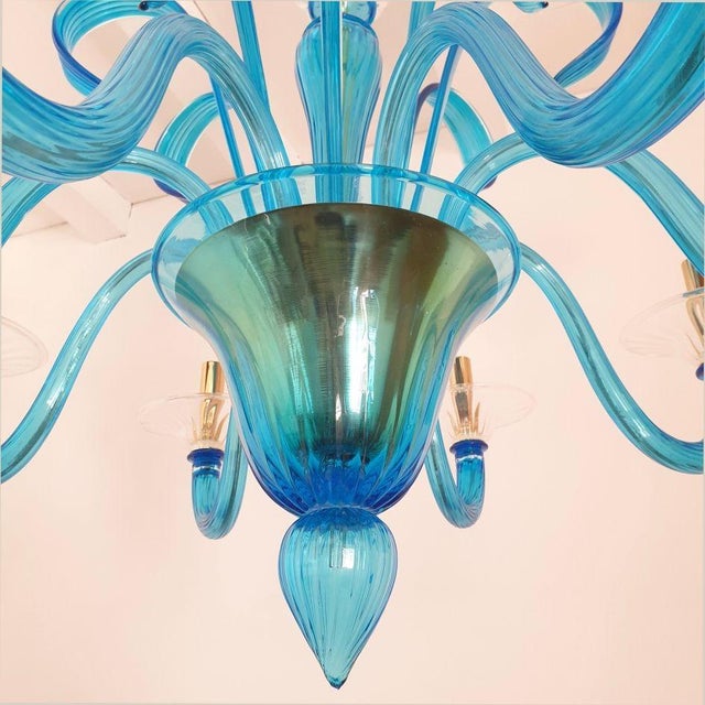 1980s Venini Style Blue Murano Glass Neoclassical Chandelier For Sale - Image 10 of 12