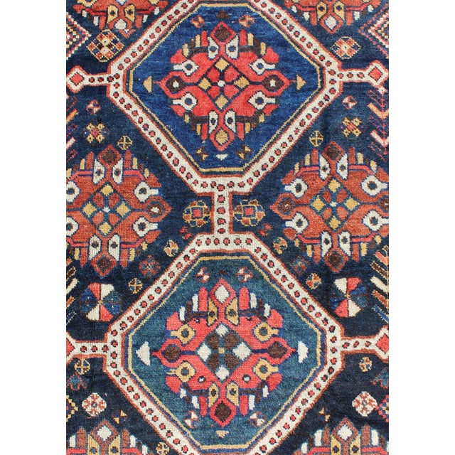 Early 20th Century Antique Persian Qashqai Rug With Four-Medallion Design in Blue, Red, Brown Tones 4'1 X 8'3 For Sale - Image 5 of 11