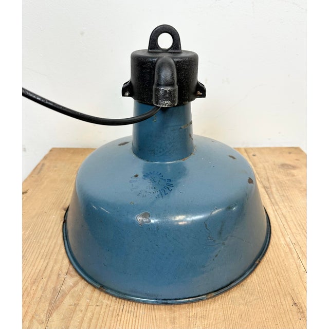 Industrial Blue Enamel Factory Lamp with Cast Iron Top, 1960s For Sale - Image 13 of 16