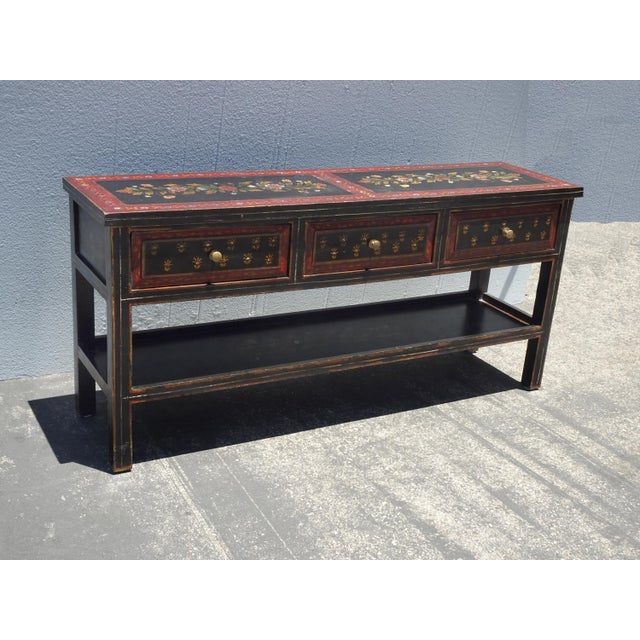 Vintage French Country Red Floral Console Table W a Floral Shelf For Sale - Image 4 of 16
