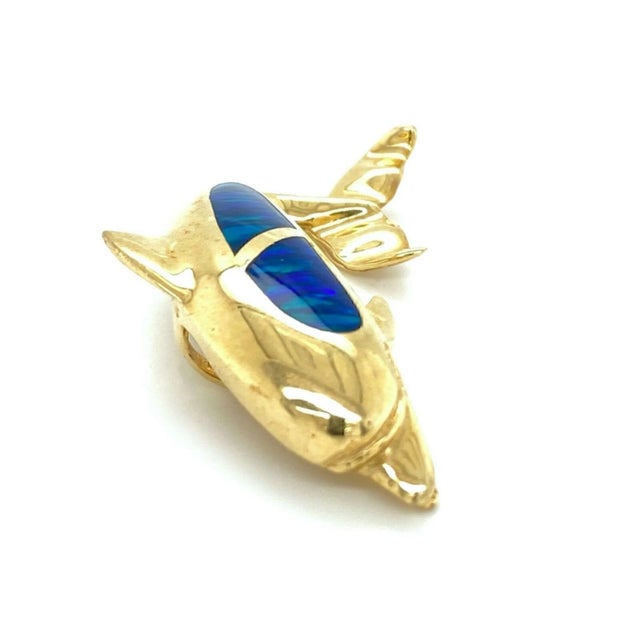 Opal Inlay Dolphin 14k Yellow Gold Charm Pendant For Sale - Image 4 of 7