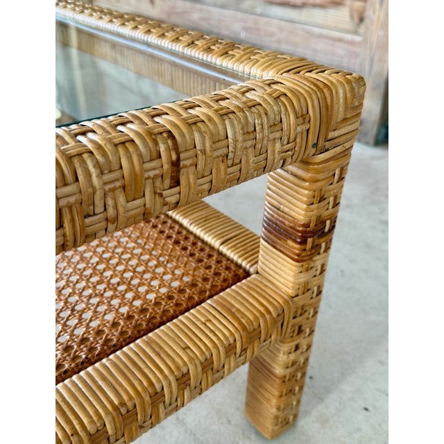 Vintage Coastal Organic Modern Rattan Wrapped Cane Coffee Table With Glass Top For Sale - Image 9 of 12