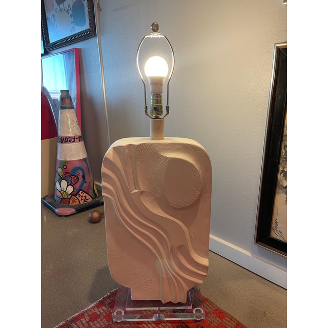 Plastic 80s Architectural Casual Lamps of California Brutalist Plaster Table Lamp For Sale - Image 7 of 11