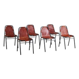 Set of 6 French 'Les Arcs' Cognac Leather Chairs with Black Metal Frames, 1970s For Sale