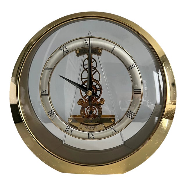 1990s Brass & Glass Seiko Skeleton Clock For Sale