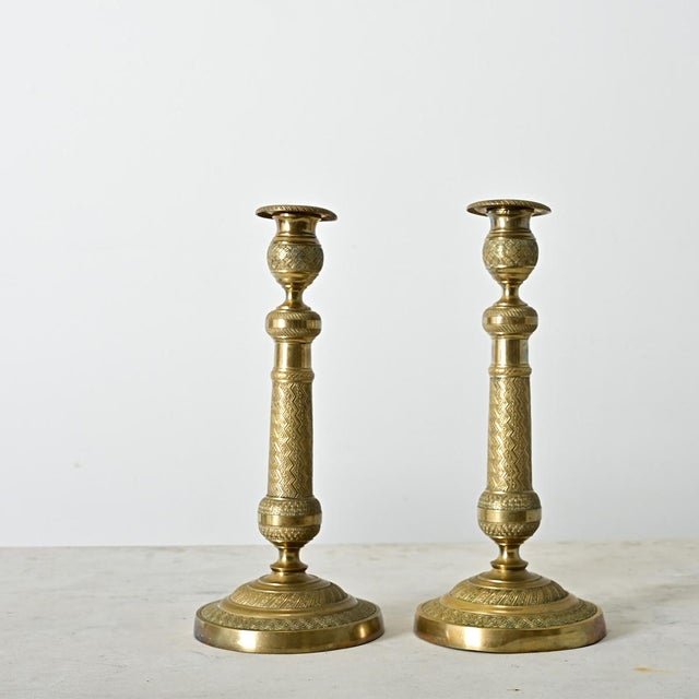French Pair of 19th Century Empire Brass Candlesticks For Sale - Image 11 of 12